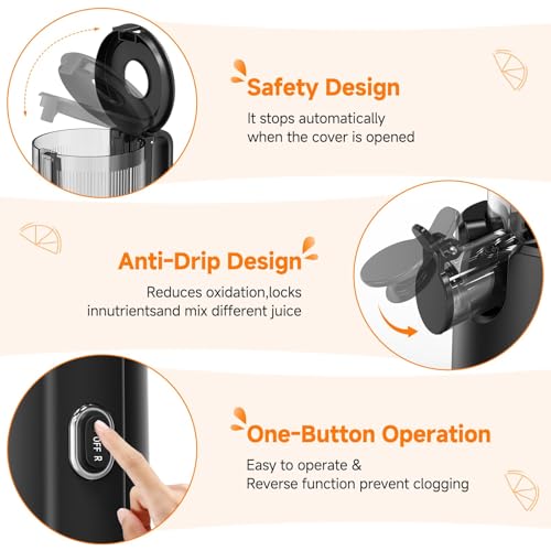 Cold Press Juicer Machines with 5.4" Wide Feed Chute, Slow Masticating Juicer Extractor for Whole Fruits & Vegetables, Quiet Motor, Easy to Clean with Brush, High Juice Yield, Black