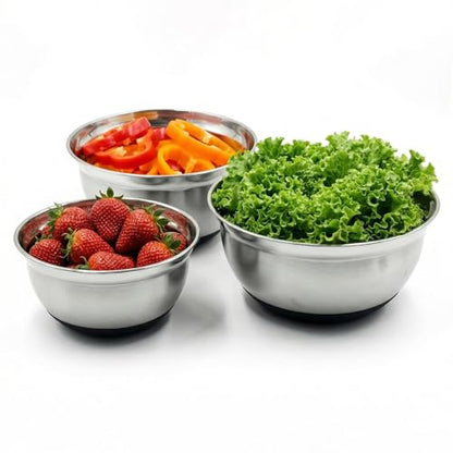Koocovel 3-Piece Metal Mixing Bowls Set – 2.3/2.9/4.75 Qt Stainless Steel Prep Bowls with Non-Slip Silicone Base, Nesting Design & Dishwasher Safe for Baking, Meal Prep, Salad Serving & Food Storage