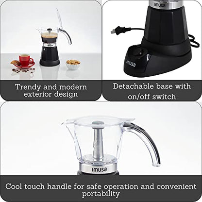 IMUSA 6 or 3 Cup Electric Espresso Maker Black Coffee Machine for Cuban Coffee, Moka and Espresso Drinks