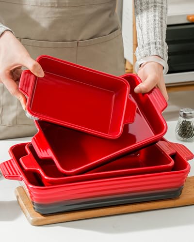 Casserole Dishes For Oven, Heat-Resistant Ceramic Bakeware Set Of 4 Rectangular Baking Dish Set With Handles For Lasagna, Cake, Pie, Dinner, Cooking, Ceramic Baking Dish, Red (9.4"/11.1"/12.2"/14.7")