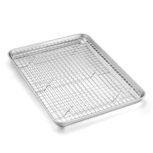 Homikit Baking Sheet with Wire Rack Set (1 Pan+1 Rack), 16" x 12" Stainless Steel Cookie Bacon Pan for Oven, Nonstick Jelly Roll Pan Baking Tray with Grid Cooling Rack for Cook Roast, Dishwasher Safe