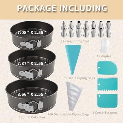 Yumatouch 122PCs Cake Pan Sets for Baking, 7/8/9 Inch Round Cake Pans, Nonstick Springform Cake Pans, Cheesecake Baking Pans with 100 Pcs Piping Bags, 16 Pcs Nozzles, 3 Pcs Scrappers