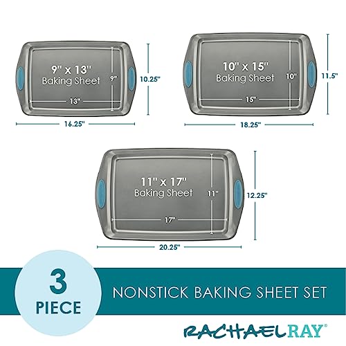 Rachael Ray Bakeware Nonstick Cookie Pan Set, 3-Piece, Gray with Agave Blue Grips