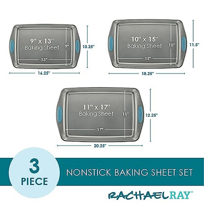 Rachael Ray Bakeware Nonstick Cookie Pan Set, 3-Piece, Gray with Agave Blue Grips