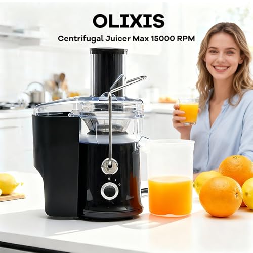 OLIXIS Centrifugal Juicer Machines, 480W Juice Extractor with 2.6" Feed Chute for Vegetable and Fruit, Electric Juicer with Dual-Speed Quick Juicing, Easy to Clean, BPA-Free, Black