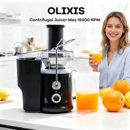OLIXIS Centrifugal Juicer Machines, 480W Juice Extractor with 2.6" Feed Chute for Vegetable and Fruit, Electric Juicer with Dual-Speed Quick Juicing, Easy to Clean, BPA-Free, Black