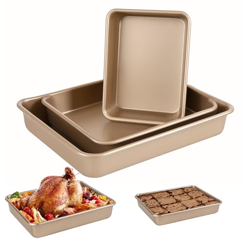 Barlket Deep Baking Pans Set, 3-Pieces Rectangle Cake Pan, Nonstick Carbon Steel Roasting Pans, 9/11/13 Inch, Lasagna Pan with 1.6-2.3 Inch Deep Size, Heavy Duty Stackable Oven Baking Trays, Gold