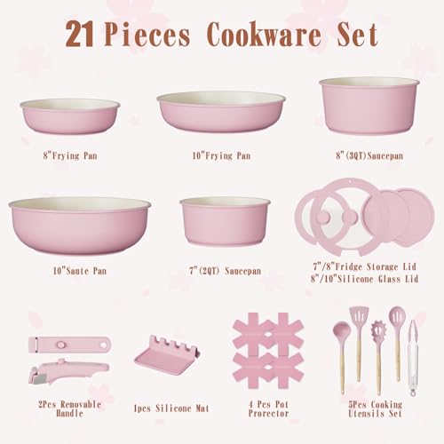 Umite Chef Pots and Pans Set Non Stick, 21 pcs Nonstick Ceramic Cookware Set, RV Kitchen Cooking Set with Detachable Handles, Oven Safe, Induction Cookware, Stackable, Pink, PFAS PFOA & PTFE Free