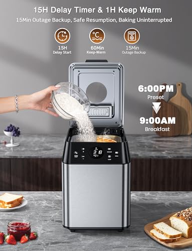 KBS 750W Programmable Bread Maker, Dual Heaters Bread Machine with 3LB Ceramic Pan & Fruit Dispenser,20-in-1 Stainless Steel Automatic Bread Maker Machine with Quiet Brushless Motor,15H Timer,3 Colors