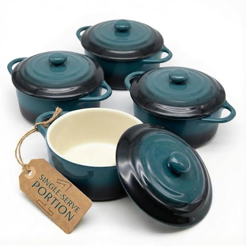 Kook Ceramic Mini Cocotte Set, Small Casserole Dishes with Lids and Handles, Individual Baking Ramekins, Oven safe 350F, Microwave & Dishwasher Safe, Stoneware, 12 oz, Set of 4, (Stone Ombre)
