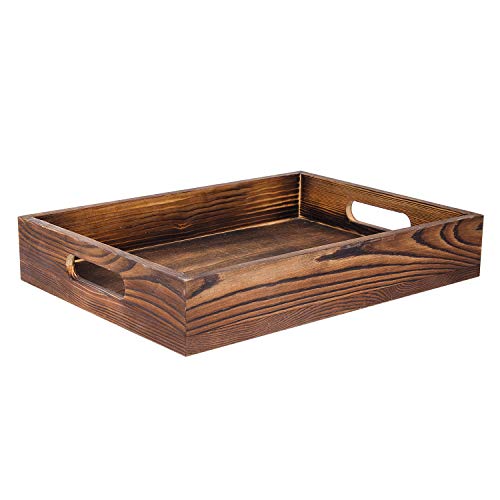 ExoLiry Rustic Brown Wood Food Serving Tray Cutout Handles Breakfast in Bed Coffee Wine Rectangular Ottoman Nesting Crate Tabletop Storage Box Desktop Document Holder Party Office Home Kitchen