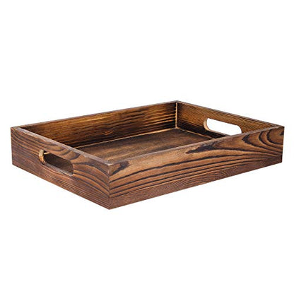 ExoLiry Rustic Brown Wood Food Serving Tray Cutout Handles Breakfast in Bed Coffee Wine Rectangular Ottoman Nesting Crate Tabletop Storage Box Desktop Document Holder Party Office Home Kitchen