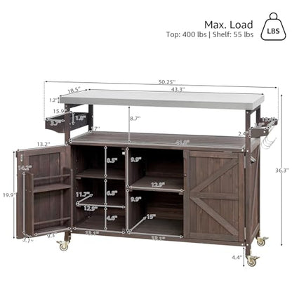 YeahFurn 50" Outdoor Grill Cart with Storage, Solid Fir Wood Grill Prep Table, Rolling Outdoor Cooking Station with Stainless Steel Top, Brown