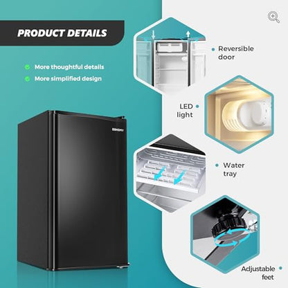 EUHOMY 3.2 Cu.Ft Mini Fridge with Freezer, Single Door Compact Refrigerator, Adjustable Thermostat, Mini Refrigerator Energy Saving, Mini fridge for Bedroom, Dorm, Office, Black
