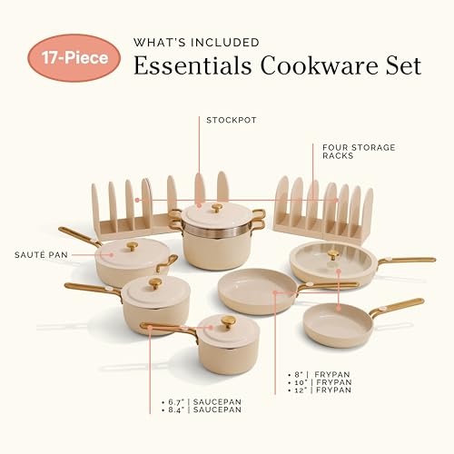 Our Place 17-Piece Essentials Complete Cookware Set - Ceramic Fry Pans, Saucepans, Sauté Pan, Stock Pot, Strainer Basket & Modular Storage | Thermakind™ Nonstick, Oven Safe up to 450°F | Cream