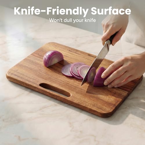 SMIRLY Wooden Cutting Boards for Kitchen, Double-Sided Cutting Board with Handle, Heavy Duty Solid Acacia Wood Cutting Board Set with Stand, 3 Pcs Cutting Boards Non Toxic for Meat Vegetable Fruit