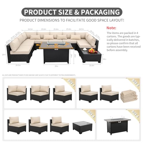 Rattaner 10 Pieces Outdoor Sectional All-Weather Wicker Patio Furniture Set Patio Sectional and Steel Fire Table and Glass Patio Table Non-Slip Cushions and Waterproof Covers, Khaki