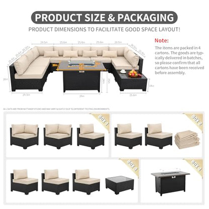 Rattaner 10 Pieces Outdoor Sectional All-Weather Wicker Patio Furniture Set Patio Sectional and Steel Fire Table and Glass Patio Table Non-Slip Cushions and Waterproof Covers, Khaki