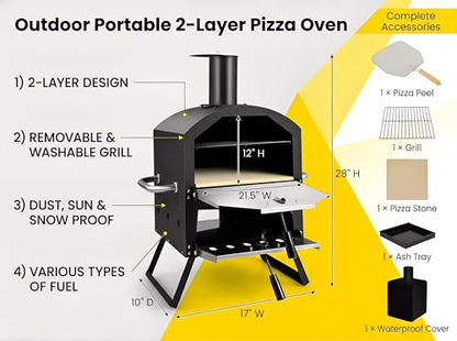 Z1UVDFUR Wood Fired Outdoor Pizza Oven, Portable 2-Layer Pizza Maker with 12" Pizza Stone & Waterproof Cover – Folding Legs, Removable Rack for Camping, Backyard BBQ, Tailgating