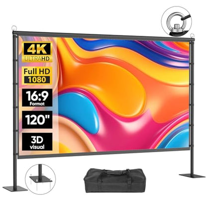 Outdoor Projector Screen with Stand - VOOPVOR 120 inch Projector Screen Portable - Lightweight Projection Screens Indoor Front/Rear - Movie Screen 16:9 4K HD with Catty Bag for Backyard Home Theater