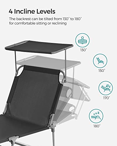 SONGMICS Sun Lounger, Patio Chaise Lounge Chair, Folding, with Canopy, 76 x 20.9 x 11.4 Inches, Holds 330 lb, Headrest, Adjustable Backrest, Outdoor Garden Pool, Dark Gray UGCB19UV1