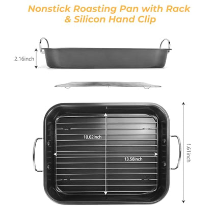 Nonstick Roasting Pan with Rack, 14.5x11.4’’ Baking Pan for Oven with Rack & Silicon Hand Clip, Heavy Duty Dishwasher Safe Rectangular Lasagna Pan with Handle for Turkey Chicken, Dark Grey