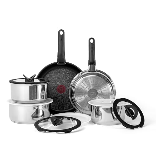 T-fal Ingenio Expertise Stainless Steel Cookware Set 13 Piece, Induction, Stackable Cookware, Pots and Pans Set, RV, Camping, Kitchen Fry Pans, Dishwasher Safe, Detachable/Removable Handle, Silver
