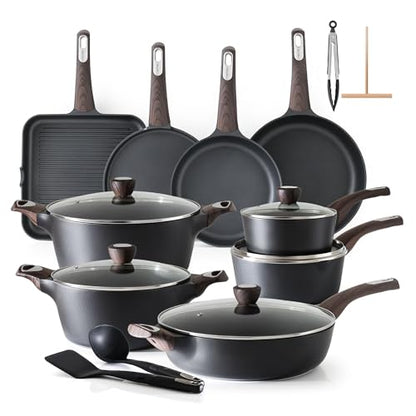 SENSARTE Pots and Pans Set Non stick, Non toxic Healthy Induction Cookware Sets, 26 Pcs Nonstick Kitchen Cooking Set, w/Frying Pans Set, Saucepans Set, Stockpots Set, PFOA PFOS Free, Black