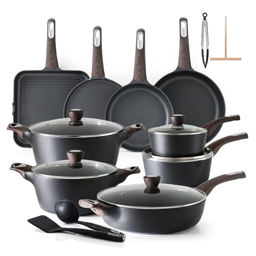 SENSARTE Pots and Pans Set Non stick, Non toxic Healthy Induction Cookware Sets, 26 Pcs Nonstick Kitchen Cooking Set, w/Frying Pans Set, Saucepans Set, Stockpots Set, PFOA PFOS Free, Black