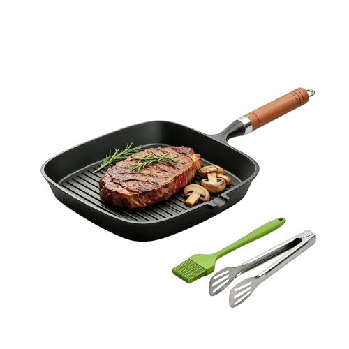 JSY Sun Cast Iron Grill Pan, 9 Inch Griddle Pan with Kitchen Tong & Oil Brush, Gilling Skillet with Pour Spout & Grill Lines for Searing Steak, Stove Tops Gas Induction Campfire Compatible, PFOA Free