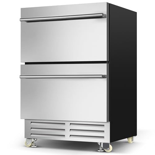 24 Inch Dual Drawer Fridge Under Counter with Wheels, Outdoor Beverage Refrigerator for Patio, Stainless Steel Weather-Proof, Freestanding or Built-In Installation, Ideal for Home and Commercial Use
