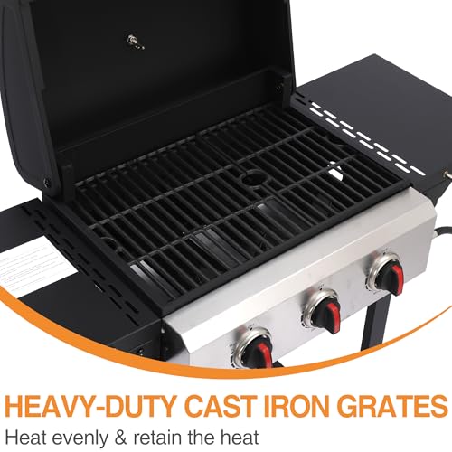 GRILL DEPOTS Propane Gas Grill with Folding Side Tables, 3-Burner Gas Grill with Cast Iron Grates and Stainless Steel Griddle Pan, Outdoor BBQ Grill Portable with Wheels 30000 BTU Output