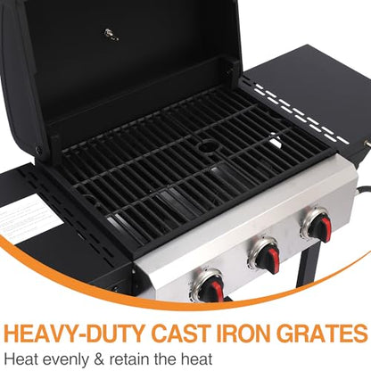 GRILL DEPOTS Propane Gas Grill with Folding Side Tables, 3-Burner Gas Grill with Cast Iron Grates and Stainless Steel Griddle Pan, Outdoor BBQ Grill Portable with Wheels 30000 BTU Output