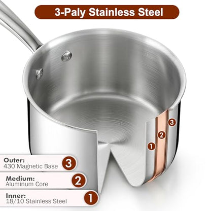 Cook N Home Classic Tri-Ply Clad Stainless Steel Saucepan with Lid, Multipurpose Sauce Pan Kitchen Pot for Cooking, Dishwasher & Oven Safe, Induction Compatible Cookware, 3-Quart