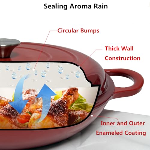Kookantage 3.5 Quarts Enameled Cast Iron Braiser, Non Stick Enameled Cast Iron Casserole Skillet with Lid, Heavy Duty and Dual Handles Pan for Oven, Stove, Grill,Cook, Bake.
