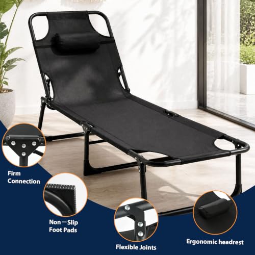 Foldable Camping Cot Reclining Lounge Chair with Pillow, 330 lbs Heavy Duty