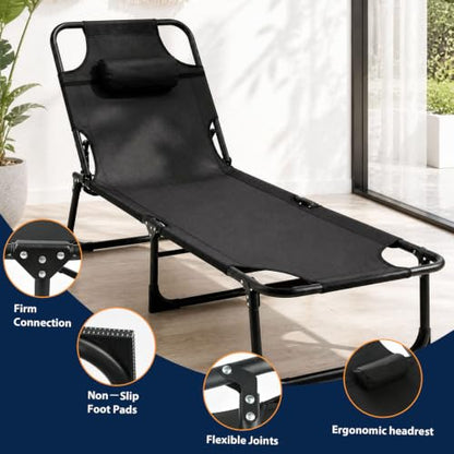 Foldable Camping Cot Reclining Lounge Chair with Pillow, 330 lbs Heavy Duty