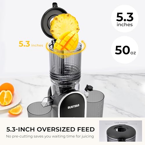SUSTEAS Cold Press Juicer, 300W, 5.3" Large Feed Chute, 1.5L Capacity, Automatic Feeding, High Yield, Easy to Clean, Ideal for Whole Fruits & Vegetables, Black