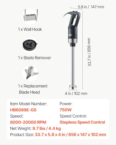 VEVOR Commercial Immersion Blender 750W 20" Heavy Duty Kitchen Hand Mixer