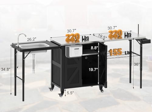 evixor Grill Cart with Foldable Sink, Outdoor Storage Cabinet, Outdoor Grill Cart with Wheels, Kitchen Island with Folding Trash Can for Barbecue, Backyard, Garden & Outdoor Kitchen
