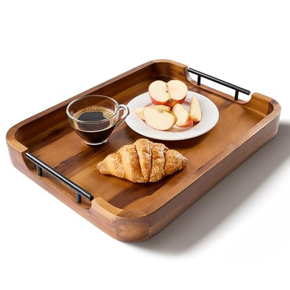 TIDITA Ottoman Tray for Living Room – 17"x13" Rectangle Serving Tray with Handles – Wooden Tray for Coffee Table, Living Room, Breakfast in Bed – Decorative Trays for Ottoman or Couch (Acacia Wood)