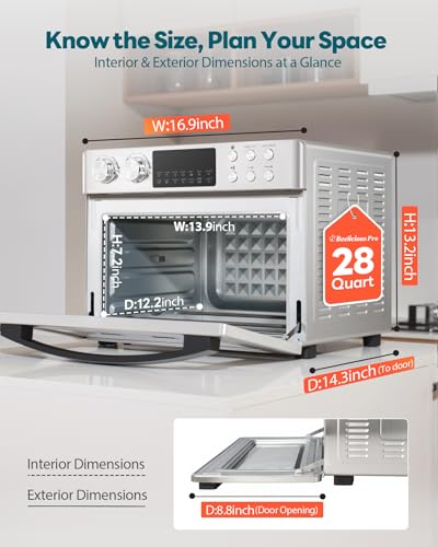 28QT Air Fryer Toaster Oven Combo, Large 12-in-1 Convection Countertop Oven with Next-Gen HeatWave Convection, 3-Layer Cooking, Rotisserie for Chicken, Fits 11" Pizza, All Accessories, Silver-tone