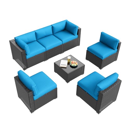 Aoxun Patio Furniture Set, 7 Piece Outdoor Sectional Sofas with Waterproof Cover, Wicker Rattan Outdoor Furniture Patio Conversation Set for Backyard, Garden Peacock Blue