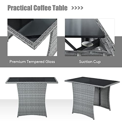 Tangkula 3 Pieces Patio Dining Set, Patiojoy Space-Saving PE Rattan Bistro Set with Tempered Glass Top Table and Cushioned Chairs, Outdoor Conversation Set for Garden, Backyard, Poolside, Porch