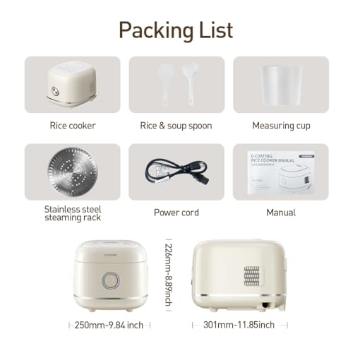 Joydeem Stainless Steel Rice Cooker, Uncoated Non-Stick 316L Stainless Steel Inner Pot, 6 Cup Uncooked, 3L/3.2 qt, DFB-D300, Cream Color