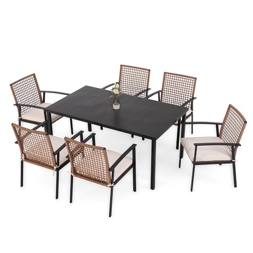 LAUSAINT HOME 7 Pieces Patio Dining Set, Outdoor Furniture Set of 6 Chairs with Soft Cushion and Iron Slats Table Top with Umbrella Hole, Conversation Set for Backyard, Garden and Poolside
