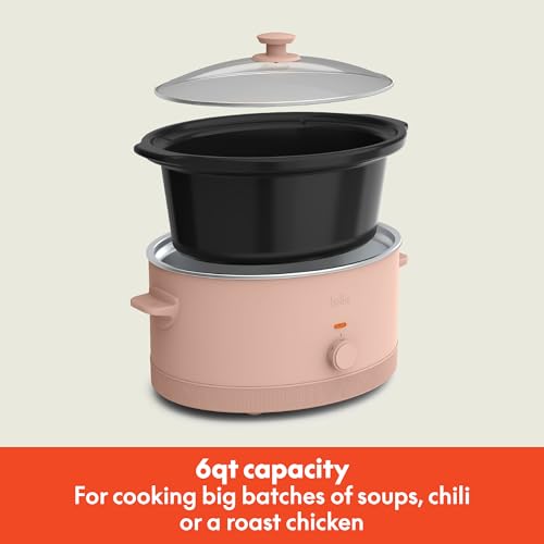 bella 6.0 Qt Manual Slow Cooker, Ceramic Nonstick Coating, 3 Temperature Settings, Dishwasher Safe Stoneware Pot and Tempered Glass Lid, Cool Touch Handles & Tangle Free Cord Wrap, Blossom