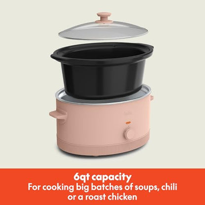 bella 6.0 Qt Manual Slow Cooker, Ceramic Nonstick Coating, 3 Temperature Settings, Dishwasher Safe Stoneware Pot and Tempered Glass Lid, Cool Touch Handles & Tangle Free Cord Wrap, Blossom