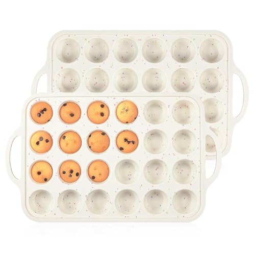 CAKETIME Mini Muffin Pan, Metal Reinforced Frame Mini Cupcake Pans 24 Cups Nonstick Muffin Silicone Molds with Handle for Baking Muffins, Cupcakes, Egg Bites 2 Pack