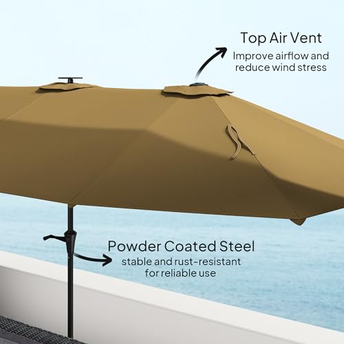Outsunny 13ft Large Patio Umbrella with Solar Lights, Rectangular Double-Sided Outdoor Market Umbrella with Crank Handle and 48 LED Bulbs for Garden, Pool and Backyard, UPF 30+, Khaki